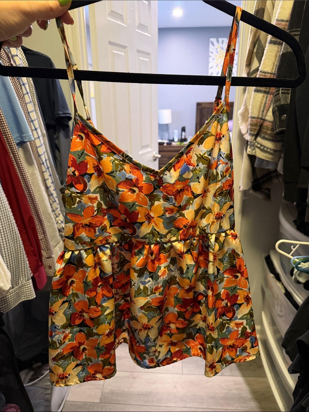 Floral Spaghetti Strap Peplum Top - Orange & Yellow Bloom